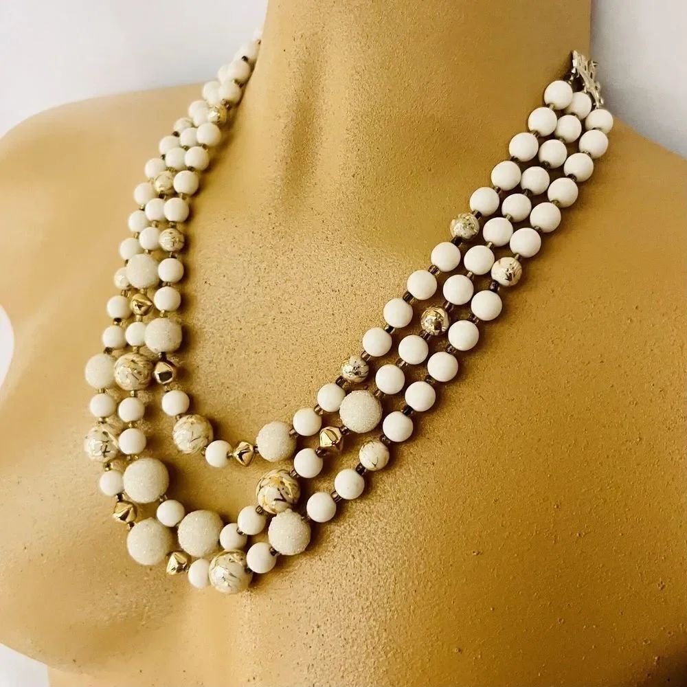 Vintage Japan Necklace 3 Strand Layered White Gold Beads Beaded 